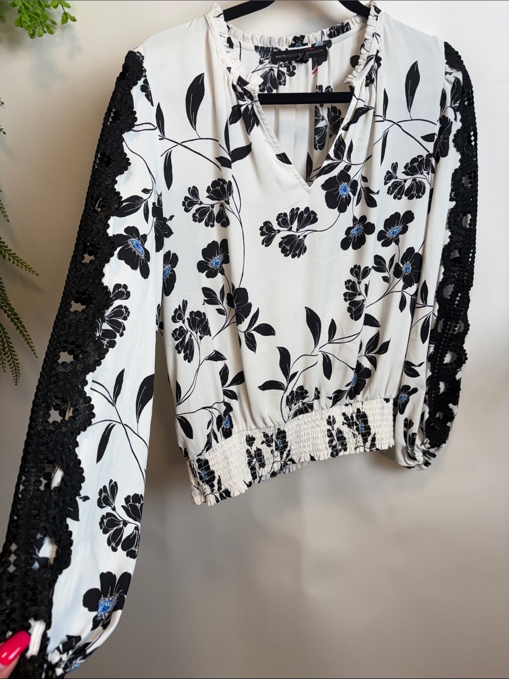White House Black Market White Floral V-Neck Blouse with Black Crochet Sleeves